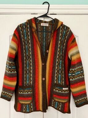 Vintage Genoa Sweaters Striped Hooded Wood Button Wool Cardigan